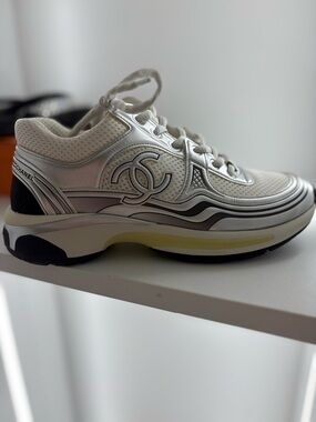 CHANEL White & Silver CC-Accent Women's Sneakers